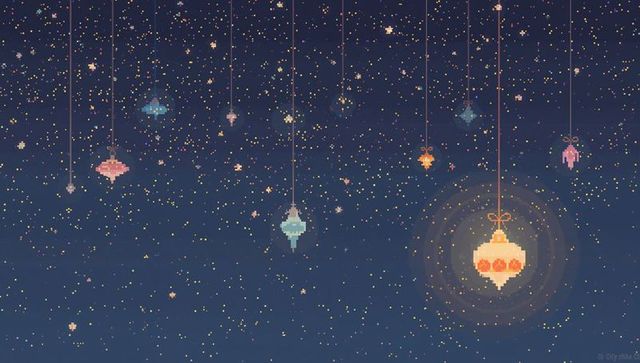 Glowing warm-orange pixel lantern hanging in starry night, retro pixel art lanterns