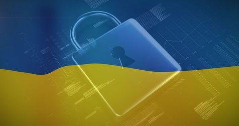 Digital Security Lock with Ukrainian Flag in Background