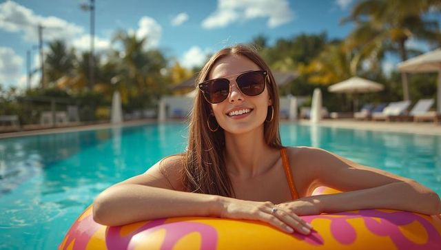 Smiling woman in sunglasses relaxing on inflatable ring in turquoise resort pool amid tropical palms