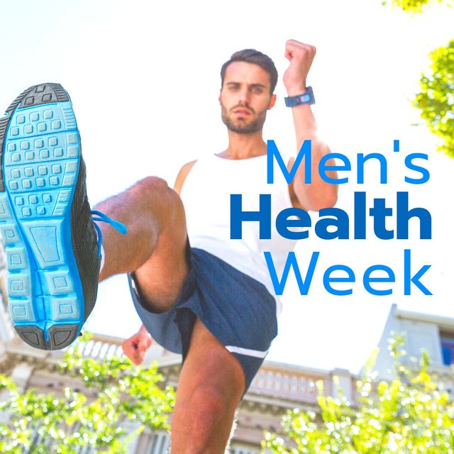 Men's health week text on caucasian man jumping while running outdoors - Download Free Stock Videos Pikwizard.com