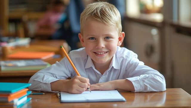 Blonde Boy Writing in Classroom with Focus on Education