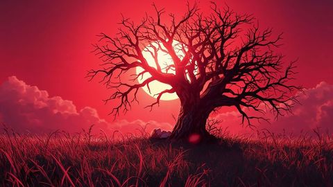 Solitary tree silhouette against dramatic red sunset