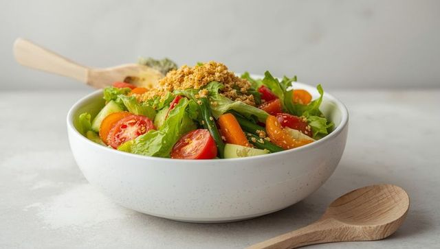 Fresh Garden Salad in Ceramic Bowl with Wooden Serving Spoons