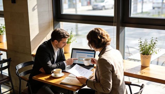 Professionals reviewing business dashboard over coffee at bright cafe window workspace