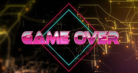 Neon game over retro futuristic cyberpunk typography with magenta cyan diamond glow