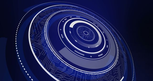 Futuristic technology interface featuring circular elements and circuit board patterns in blue. Ideal for use in technology presentations, science fiction themes, start-up pitch decks, and tech-related marketing materials for modern and innovative appearance.