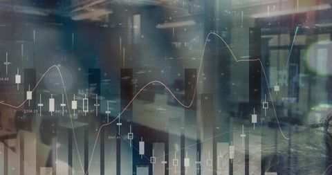 Digital interface displays financial analytics in urban office landscape