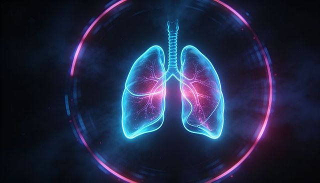 Displaying holographic lungs with glowing bronchi inside neon hud ring, cybernetic interface