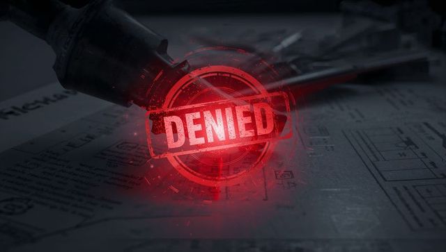 Glowing red denied stamp over technical blueprint, rejection concept for workflow