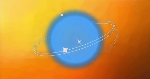 Rotating glowing blue orb with white orbit rings on warm orange gradient background