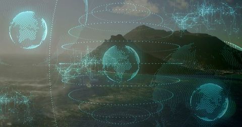 Futuristic digital globe network over coastal landscape