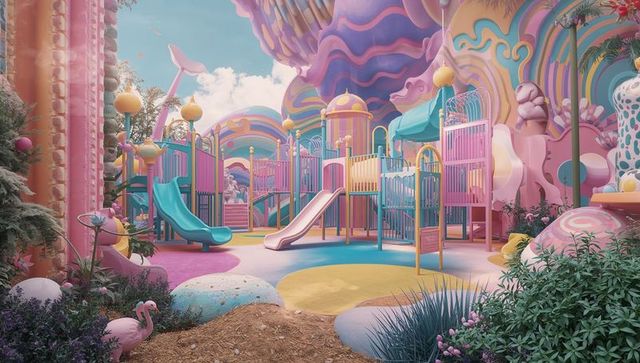 Pastel fantasy playground featuring multilevel towers, teal slides, whimsical park design
