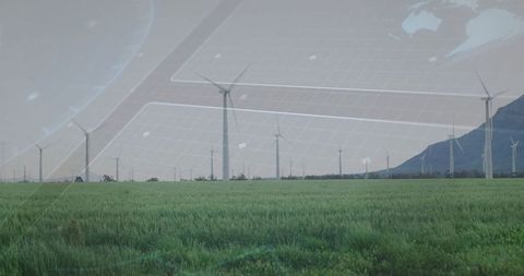 Wind Turbines on Lush Field with Futuristic Digital Overlay