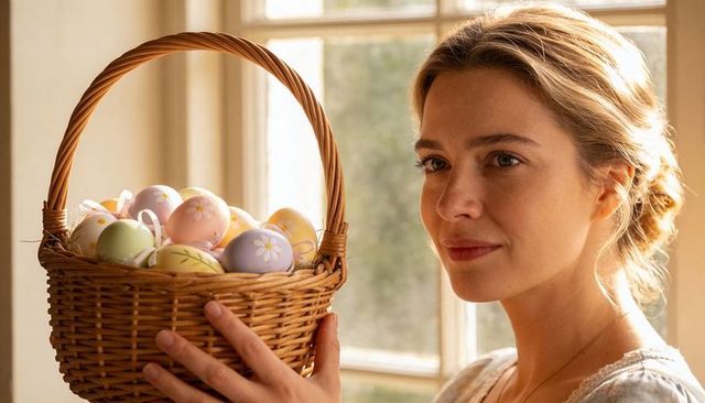 Sunlit woman holding wicker basket filled with pastel floral easter eggs near cozy window