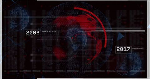 Rotating digital globe hud display showing global data links and timeline tags 2002–2017