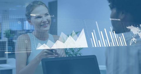 Smiling businesswoman presenting interactive data dashboard with charts and global map