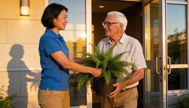 Caregiver handing potted fern to senior man at home entrance during golden hour smiling