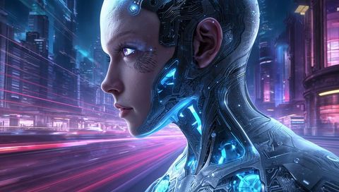 Futuristic Android with Glowing Circuits in Neon Metropolis