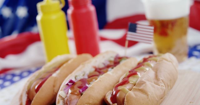 American Hot Dogs with Ketchup and Mustard at an Independence Day Picnic - Download Free Stock Images Pikwizard.com