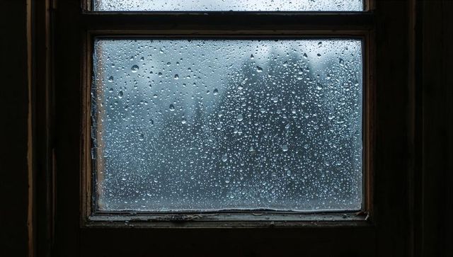 Rain-Streaked Single-Pane Window with Weathered Wood Frame Creating Moody Indoor Scene