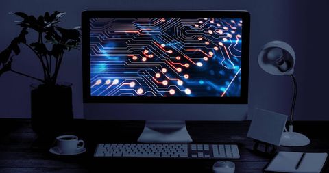 Futuristic computer interface in minimalistic workspace