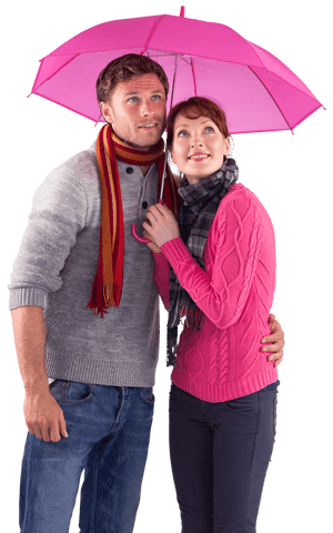 Smiling couple under transparent pink umbrella inviting affection