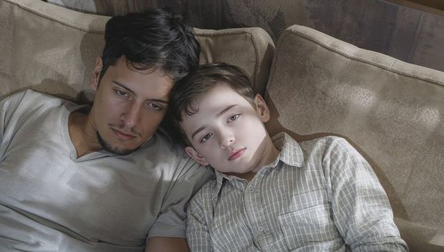 Father and Son Reclining on Beige Sofa Sharing Quiet Bond and Comfort in Living Room
