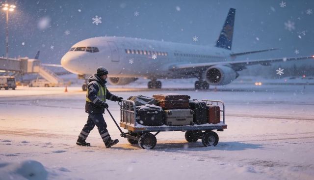 Ground crew pushing luggage cart through snowy airport apron at dusk with jet behind