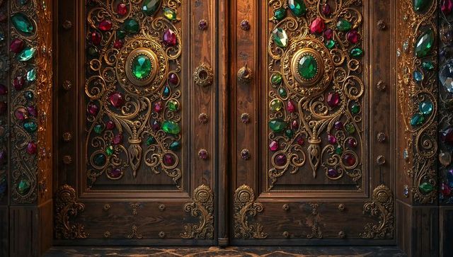Opulent rococo double doors with emerald gemstone filigree and gilded scrollwork