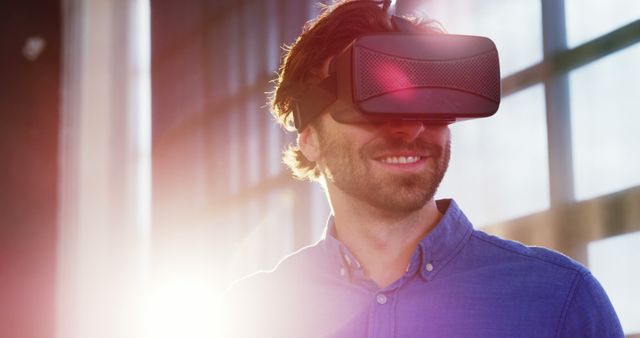 Man using virtual reality headset at office 4k
