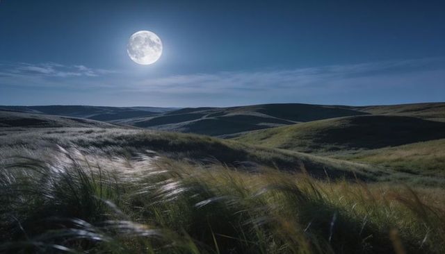 Full moon over rolling grass hills with swaying moonlit meadow and tranquil night sky