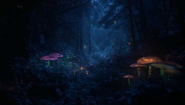 Mystical forest path with glowing mushrooms and fireflies at night