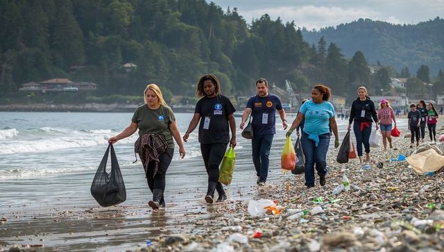 Volunteers collecting trash on pebble beach during community coastal cleanup day