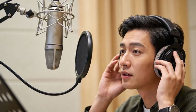 Asian singer recording in professional vocal booth wearing headphones and using condenser microphone