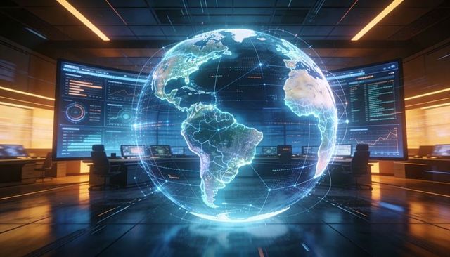 Holographic global network projecting over command center with real-time data dashboards