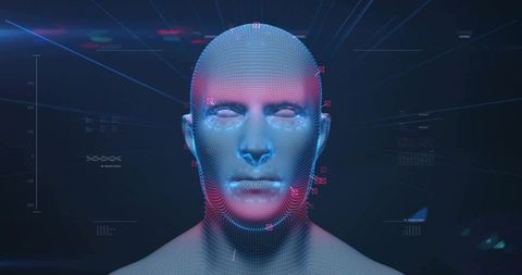 Futuristic 3D Head Model with Digital Facial Recognition Interface