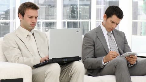 Focused Businessmen Working Together in Office Environment