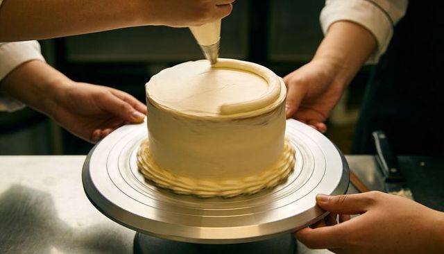 Bakery pastry chef team decorating buttercream cake with piping bag on rotating turntable