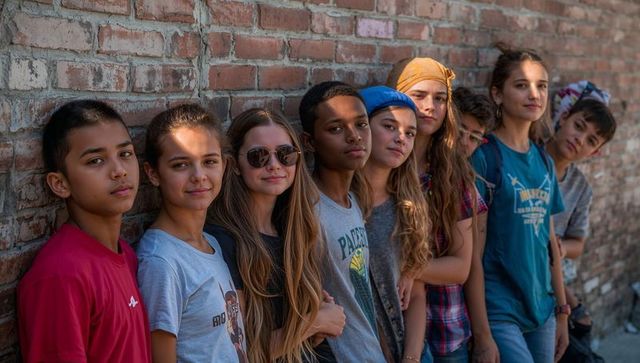 Sunlit urban teens leaning against worn brick wall, casual streetstyle group showing diversity