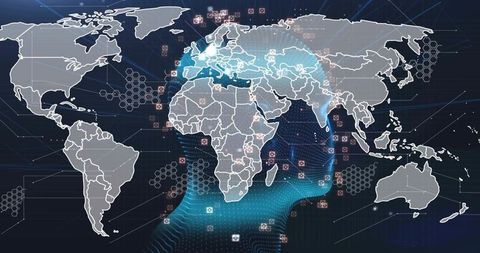 Holographic Global Network Map Showing Telemetry Heatmap, Hexagonal Grid and Data Nodes