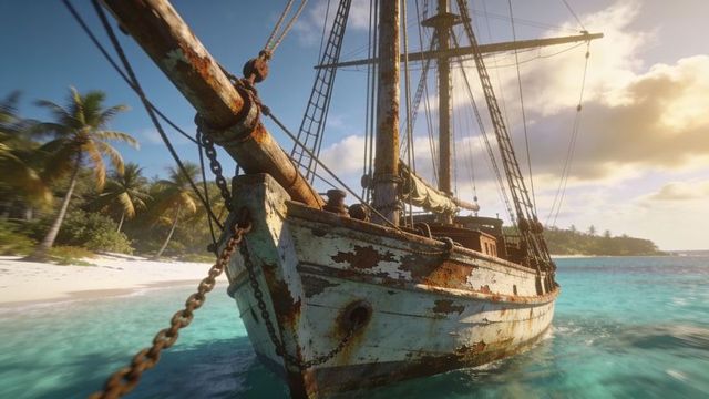 Weathered wooden sailing ship moored in turquoise tropical lagoon at sunset golden hour
