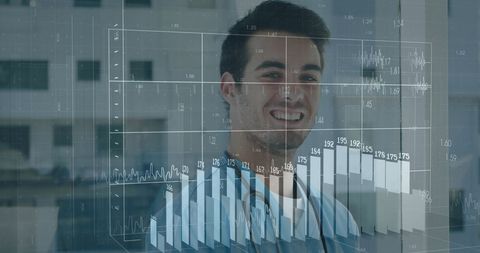 Healthcare professional analyzing medical data with digital graphics