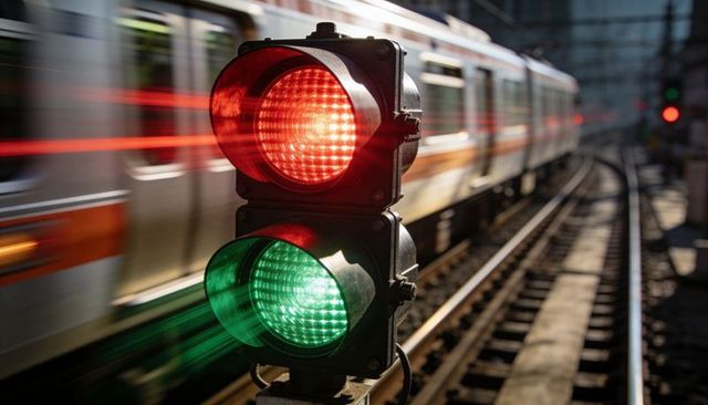 Urban rail signal showing simultaneous red and green led lights with passing commuter train