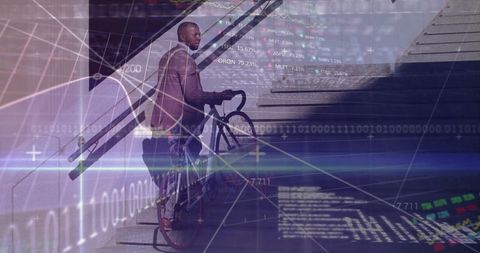 Businessman Ascending Stairs with Bicycle Against Digital Overlay
