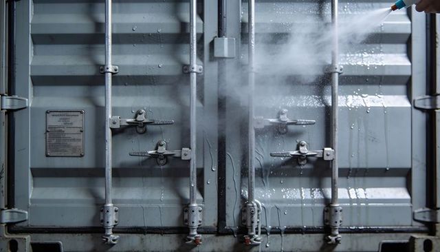 Worker rinsing cargo container rear doors with high-pressure spray in industrial wash bay