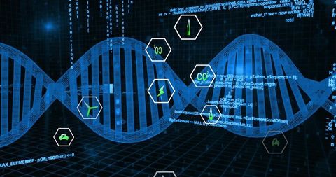 Futuristic DNA double helix hologram with code overlay and biotech hex icons for genomics