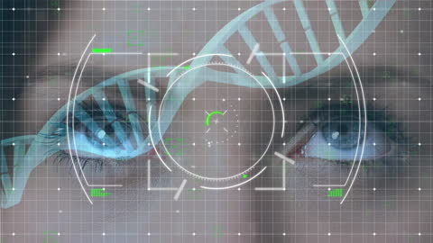 Futuristic Data Processing Concept with DNA Strand and Human Eyes