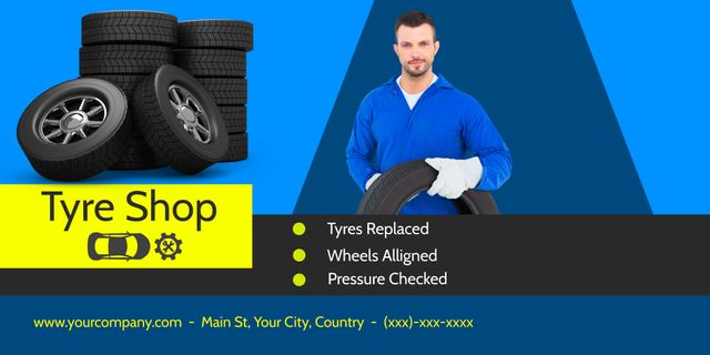 Tyre Shop Advertisement Featuring Mechanic with New Tires - Download Free Stock Templates Pikwizard.com