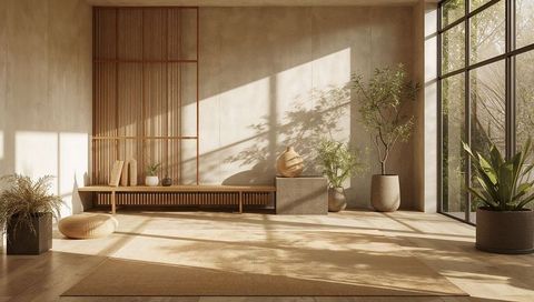 Sunlight basking japandi interior with low wooden bench, natural textures, indoor plants