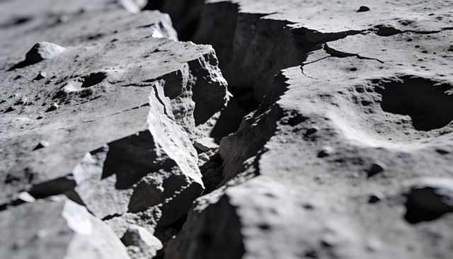Weathered bedrock crevice on rocky coast with erosion pits, pebbles, dramatic shadows